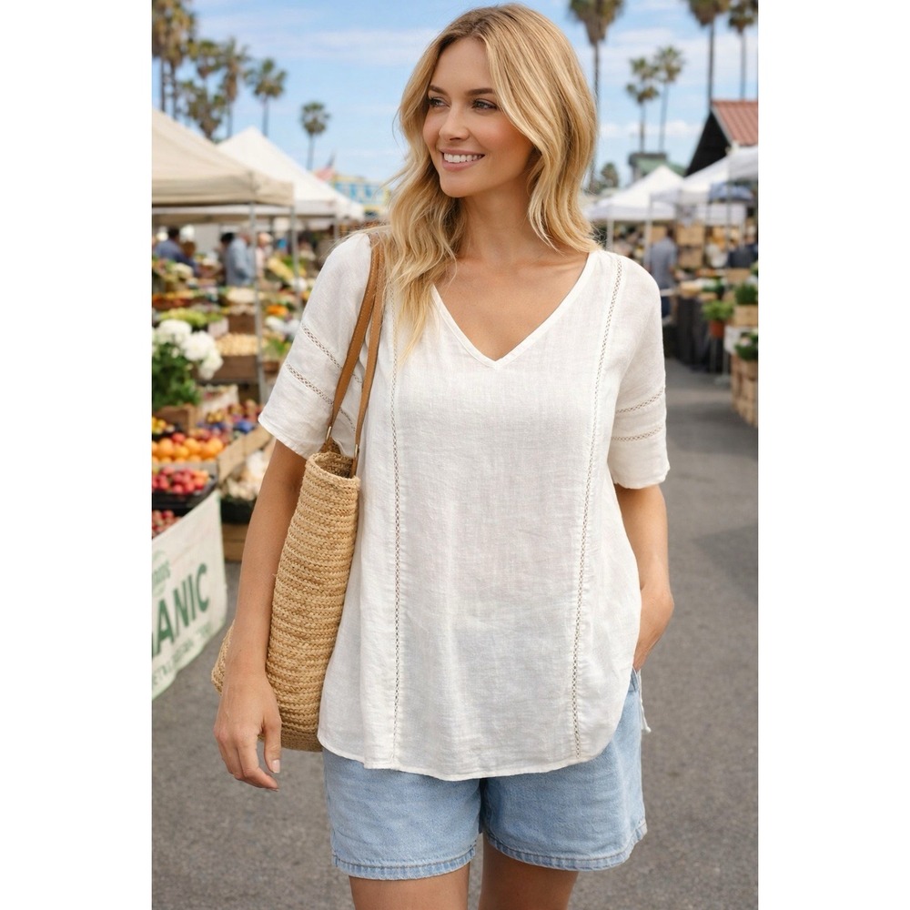 New Directions Linen‎ Blend Tunic Top White Boho Lightweight Size L Resort - Picture 2 of 9